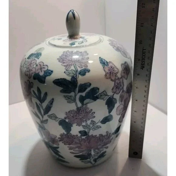 Vtg Chinese Ginger/Temple Jar Temple with Lid Pink Florals Green Leaves on White